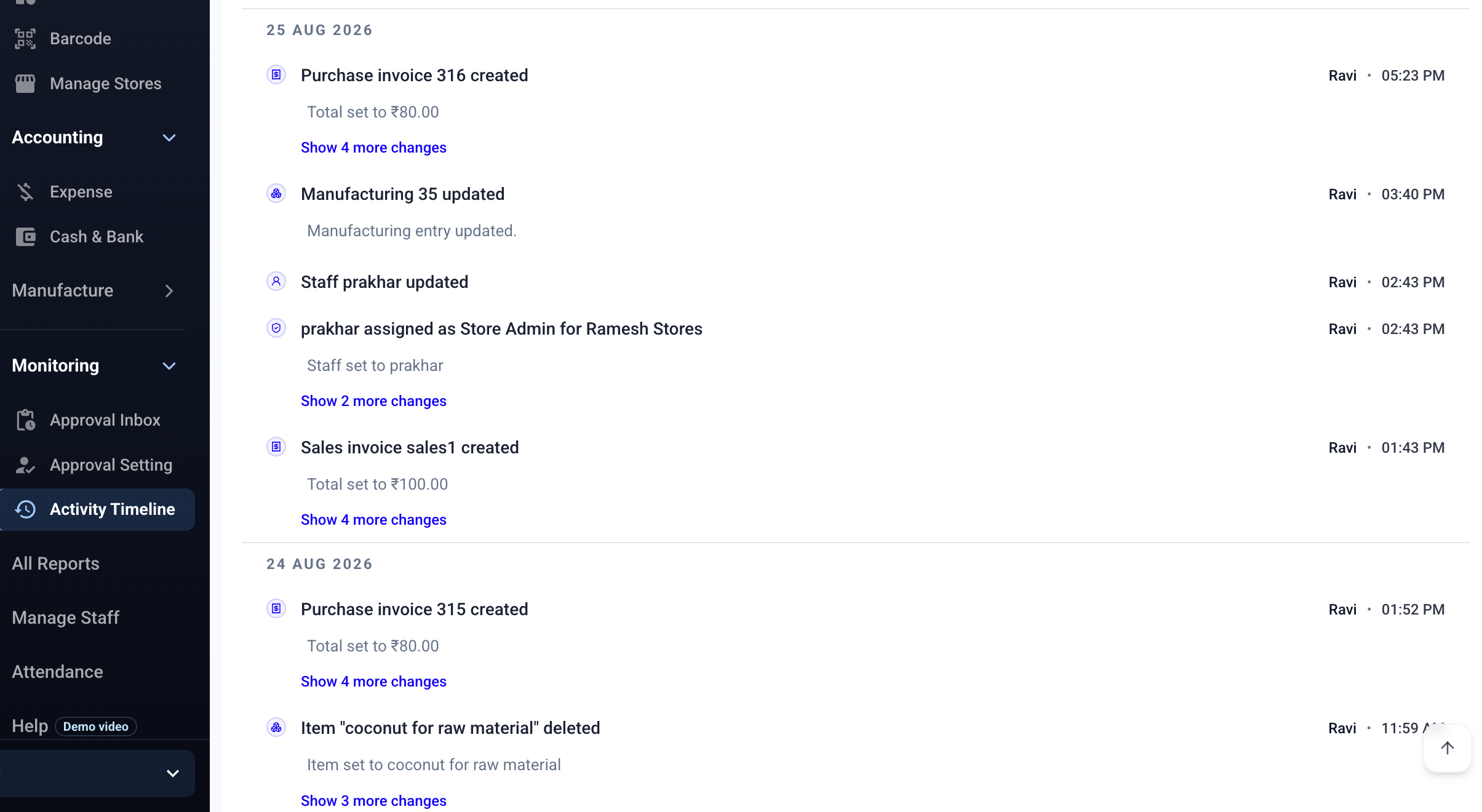 Stock Register — Activity Timeline history showing dated stock, invoice, manufacturing, and staff activity entries