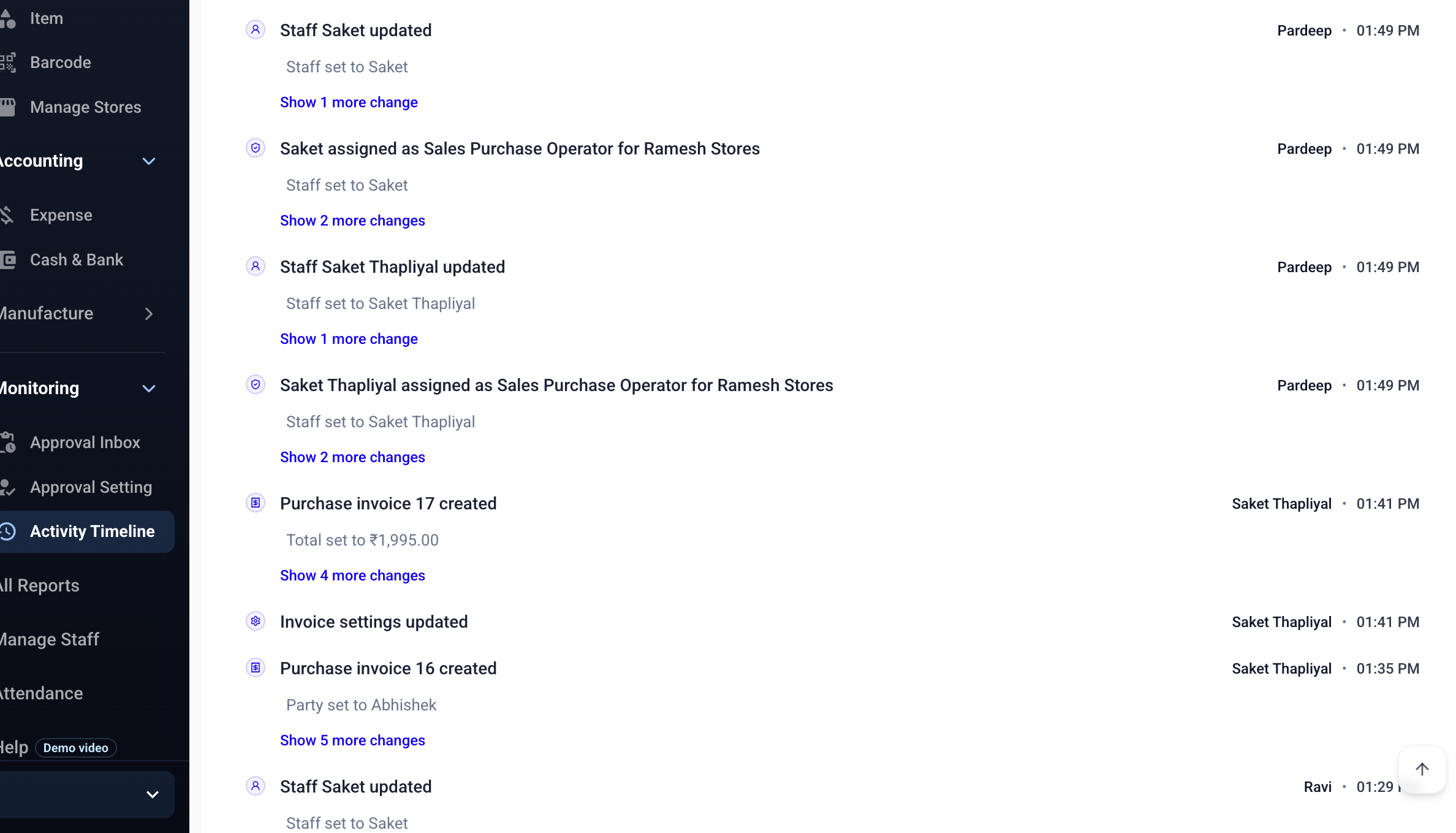 Activity Timeline showing staff-created invoices, staff updates, assigned roles, and entry details