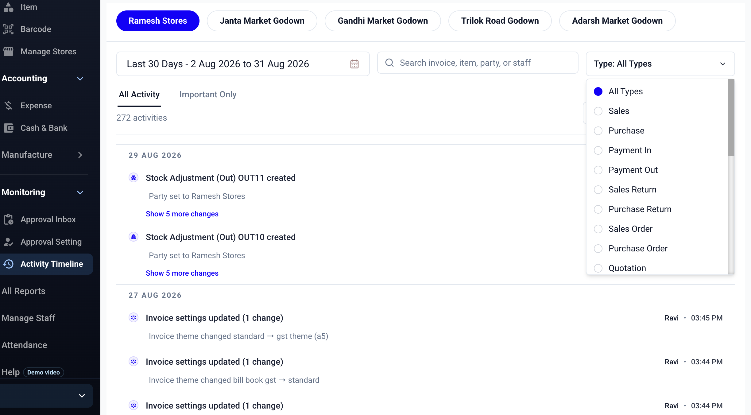 Stock Register — Activity Timeline type filter showing All Types, Sales, Purchase, Payment, Returns, Orders, and Quotations
