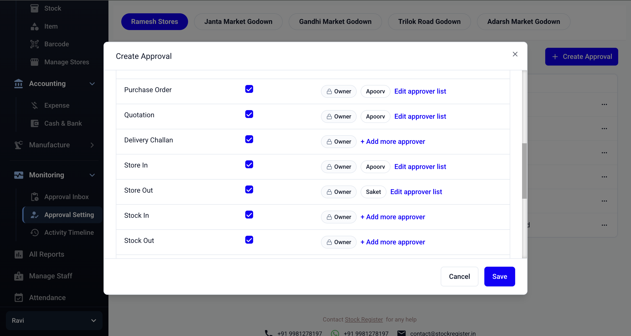 Stock Register — Create Approval modal showing Purchase Order, Quotation, Delivery Challan, Store In, Store Out, Stock In, and Stock Out