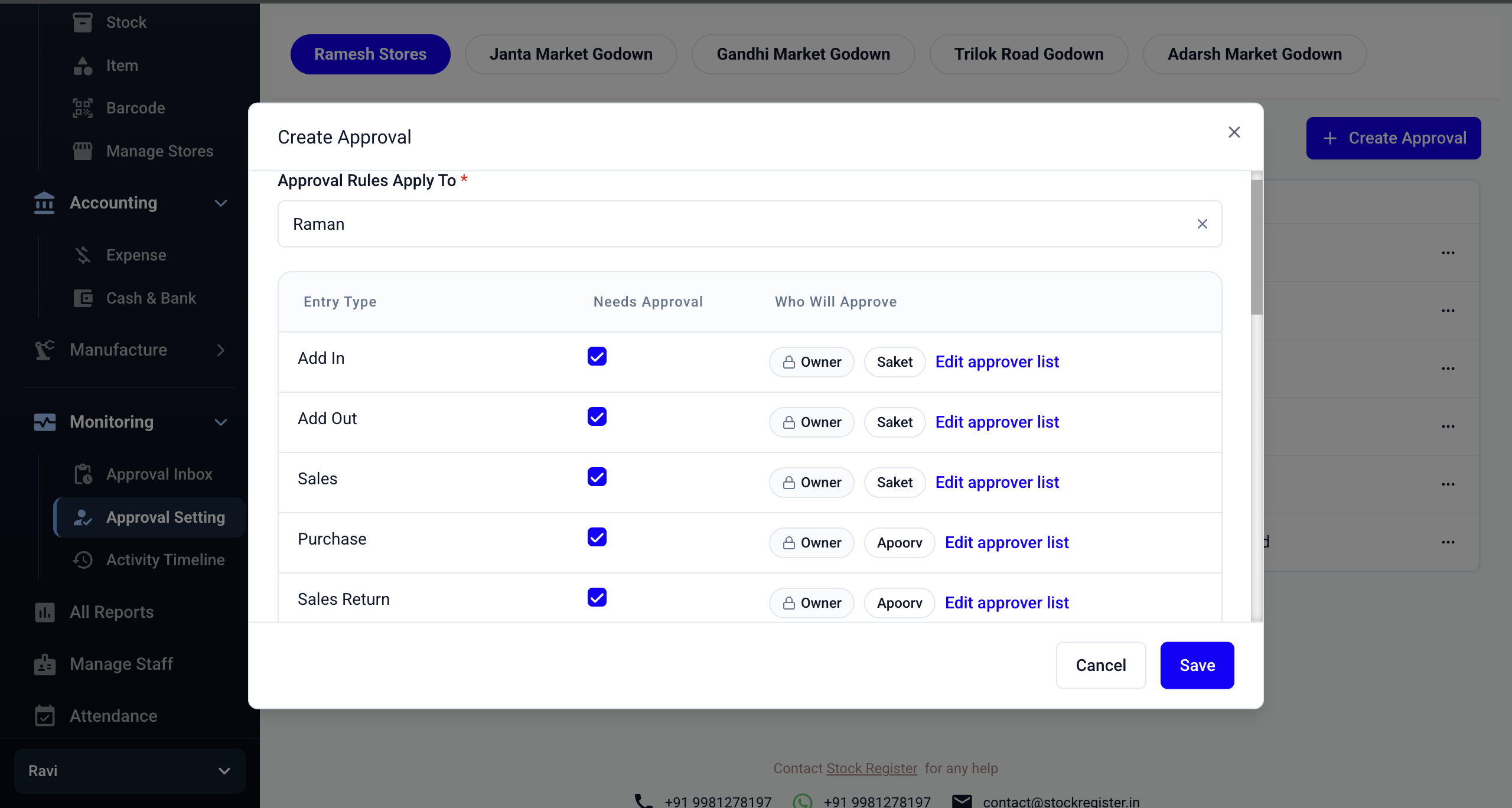 Stock Register — Create Approval modal showing approvers for Add In, Add Out, Sales, Purchase, and Sales Return
