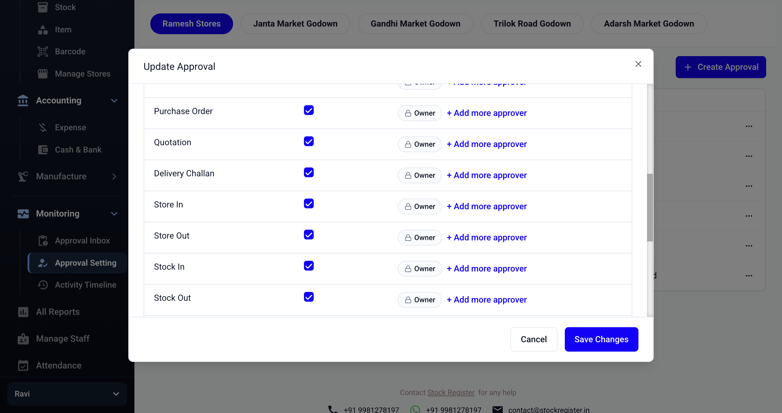 Update Approval modal showing approval settings that can be changed or removed