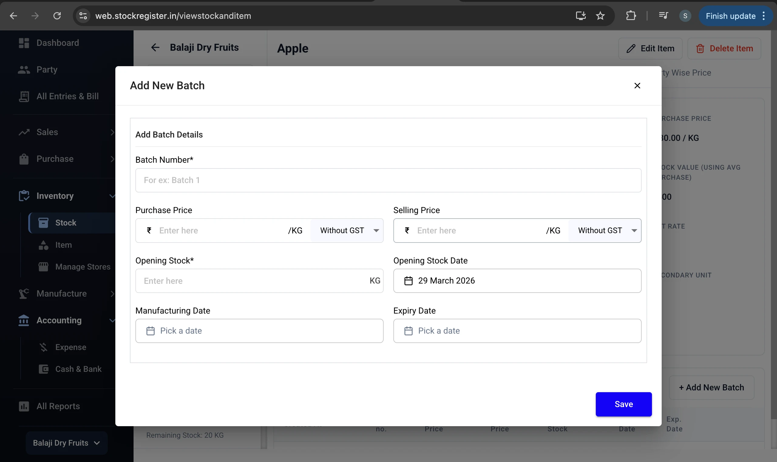 Stock Register — Add New Batch with Expiry Date