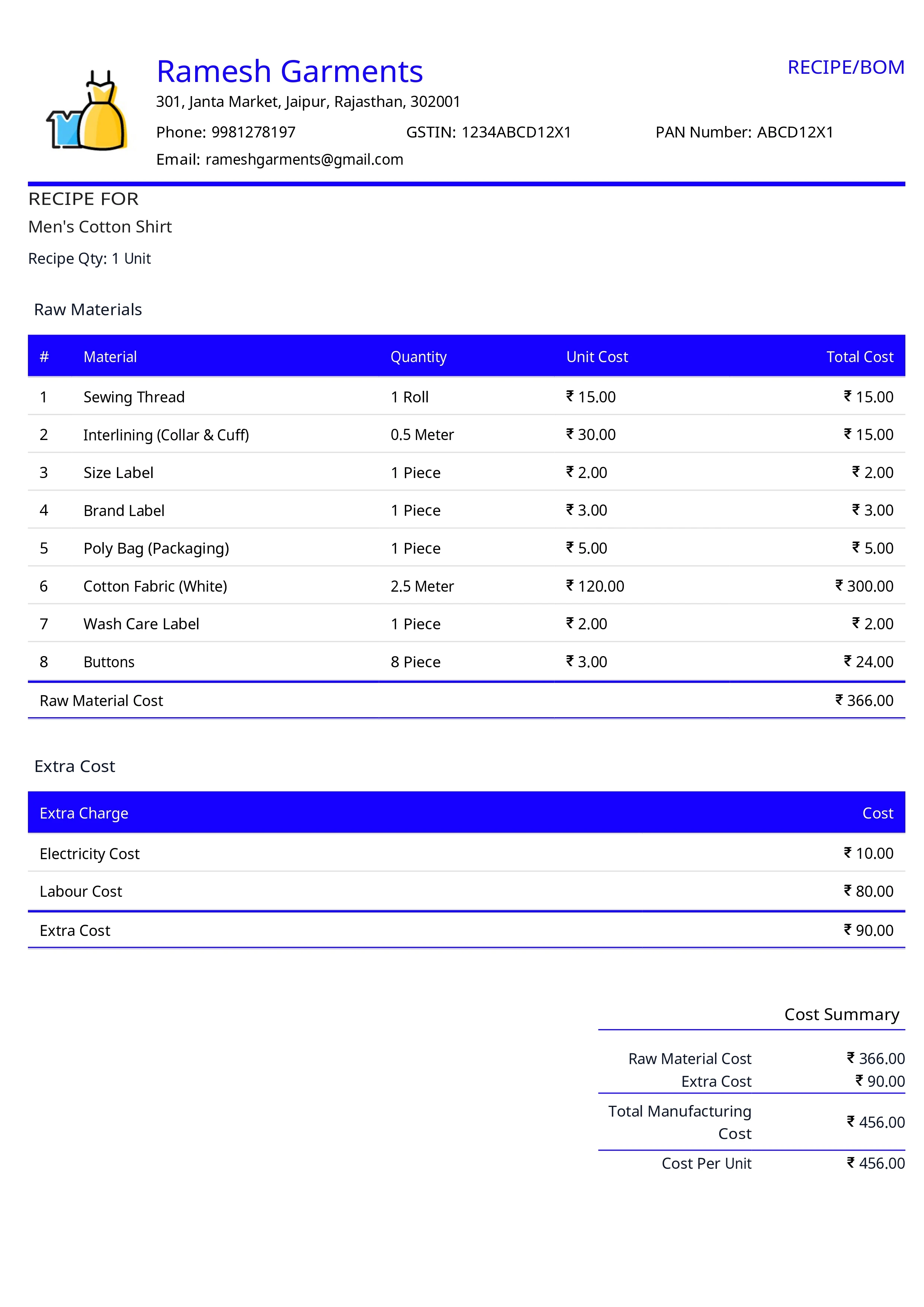 Stock Register — Recipe Preview PDF — Complete Cost Breakdown