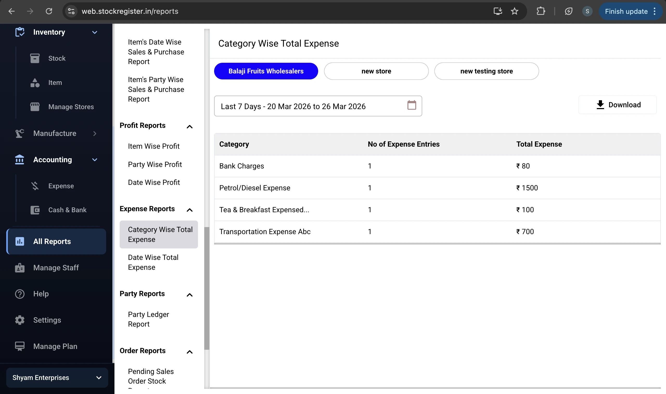 Stock Register — Category-Wise Expense Breakdown