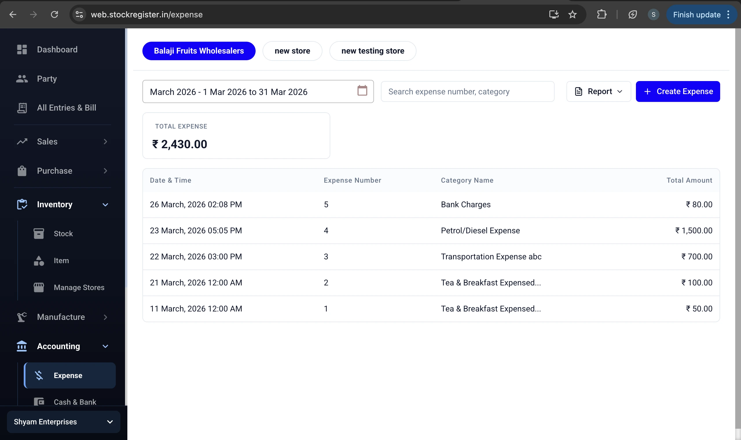 Stock Register — Monthly Expense Report