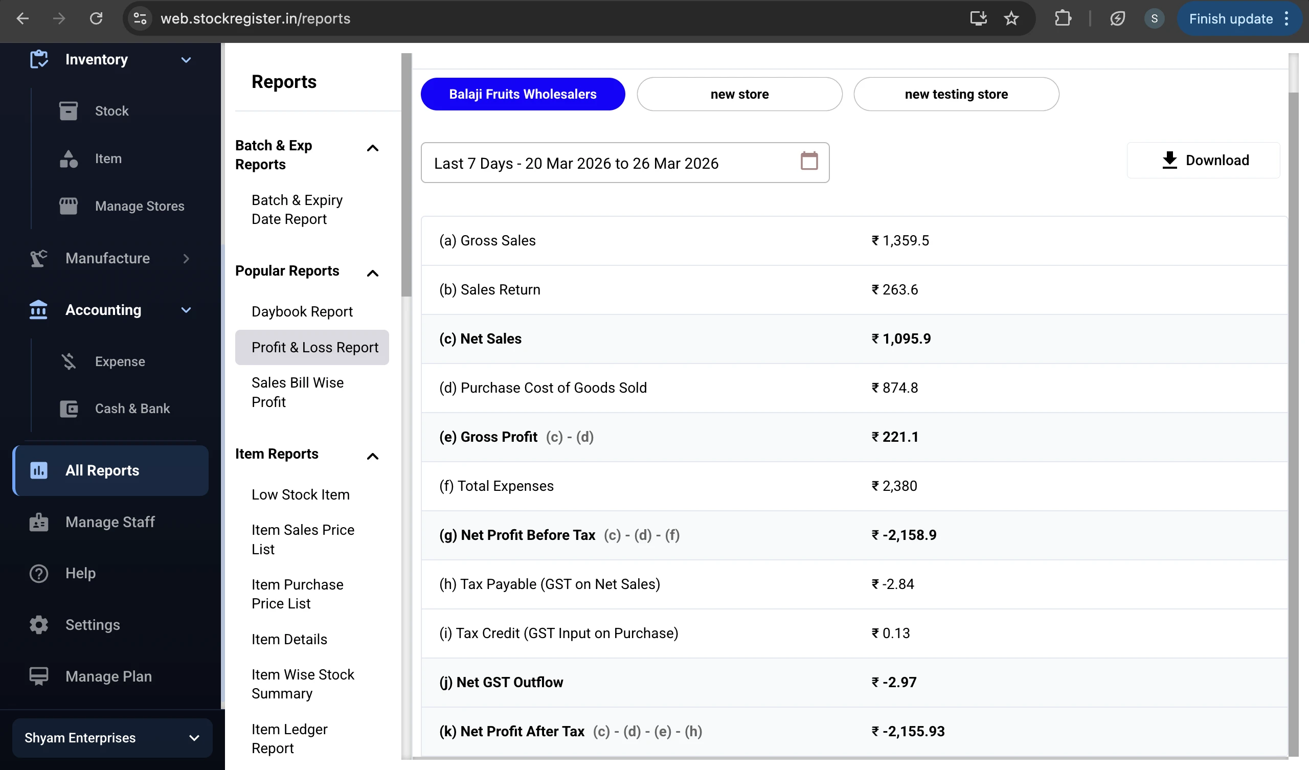 Stock Register — Profit & Loss Report