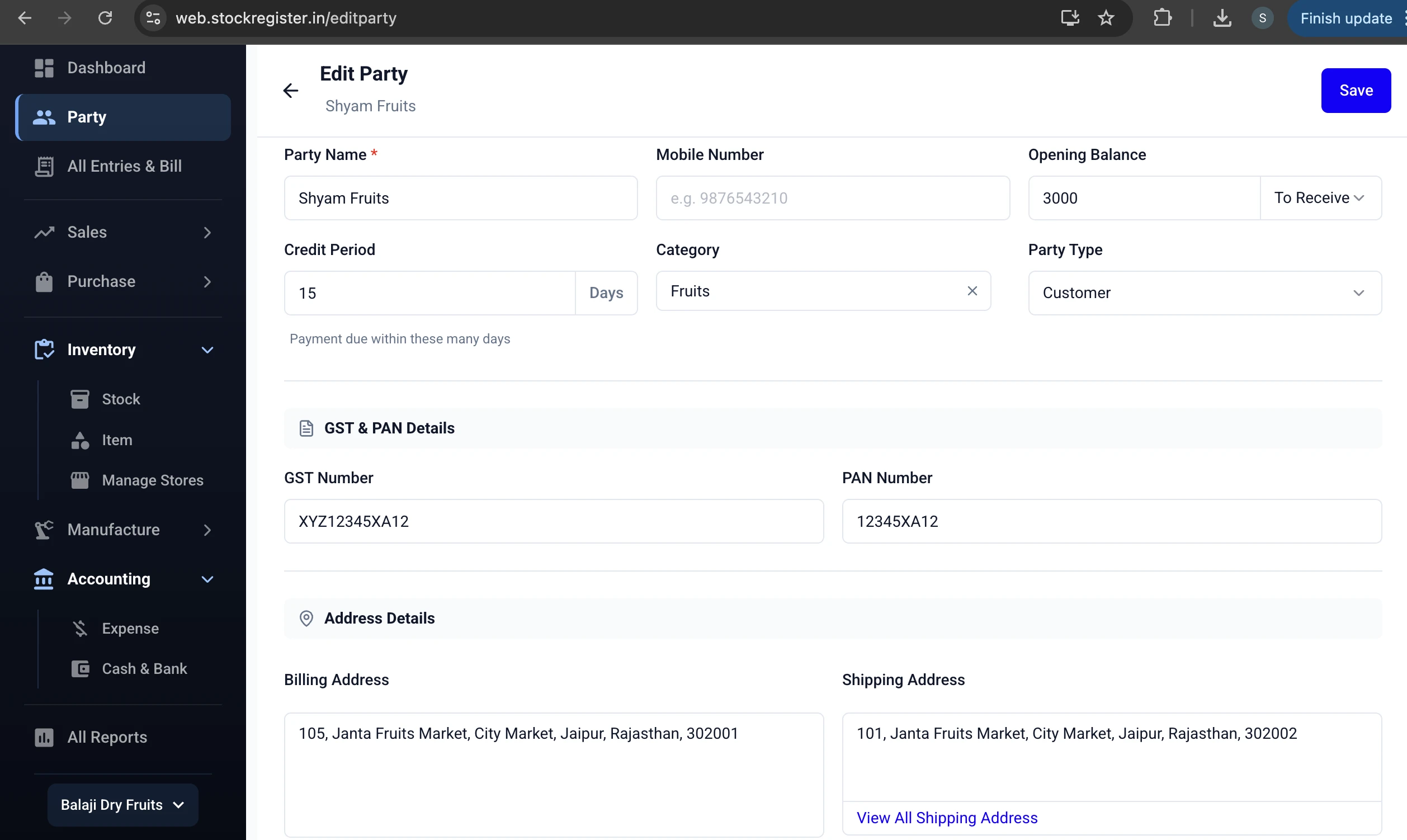 Stock Register — Party Management with GSTIN & Address