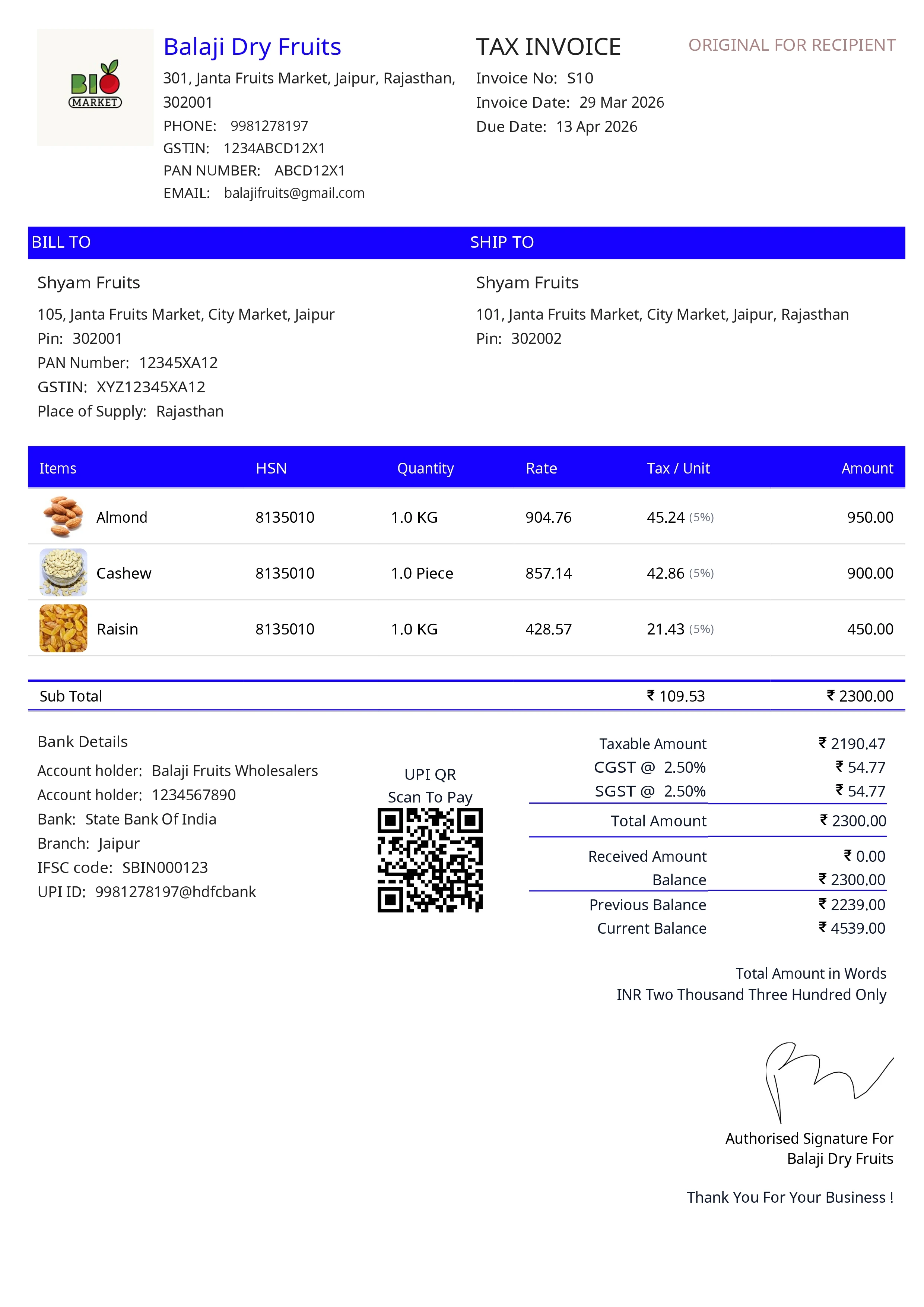 Stock Register — Stylish GST Invoice Theme - A4 Blue Header
