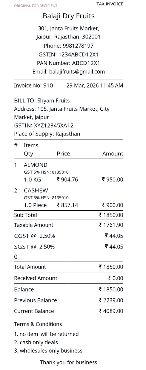 Stock Register — Thermal Receipt Invoice Format