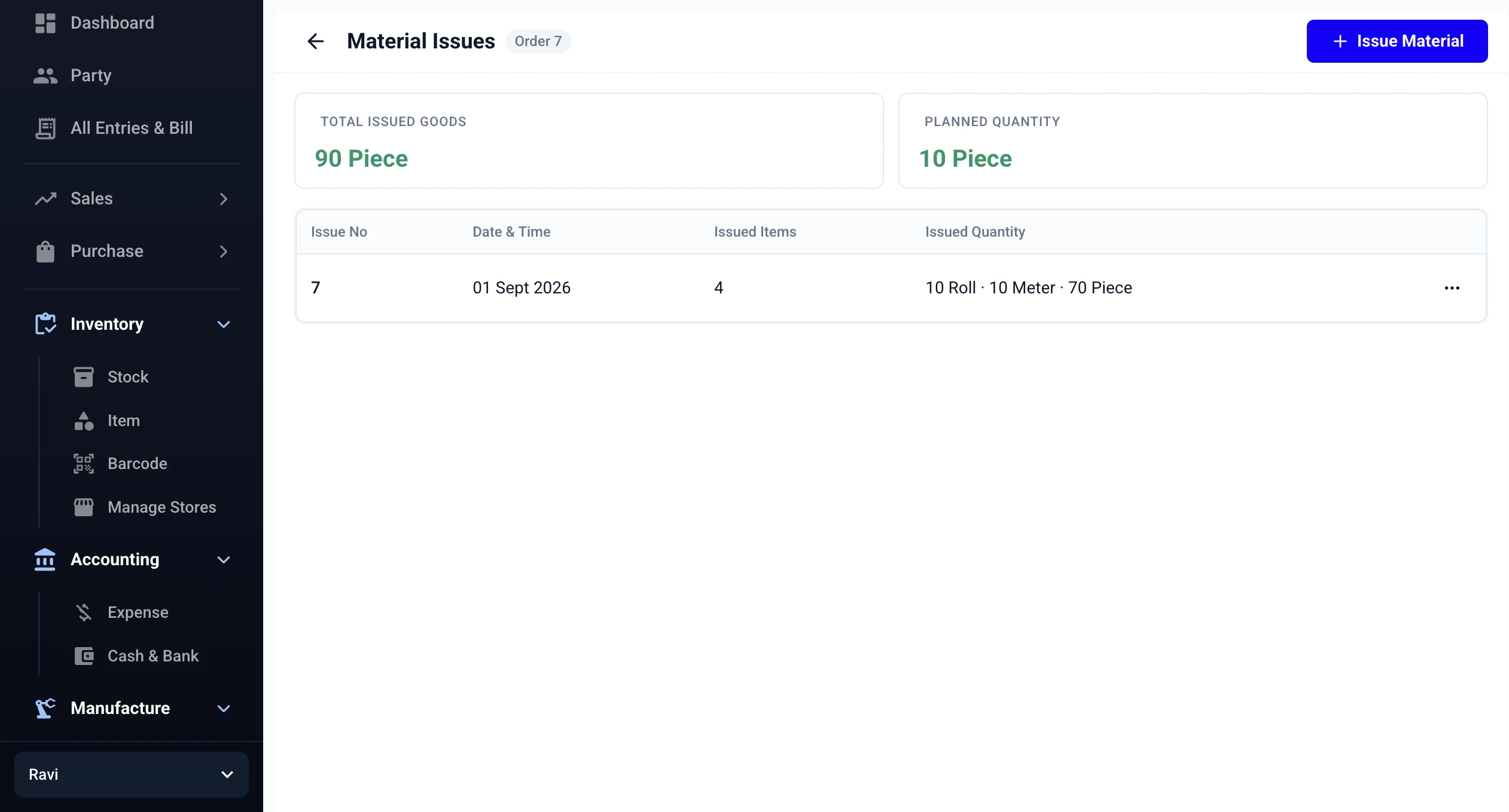 Stock Register Material Issues history showing issue number, date, issued item count and quantities for a job-work order
