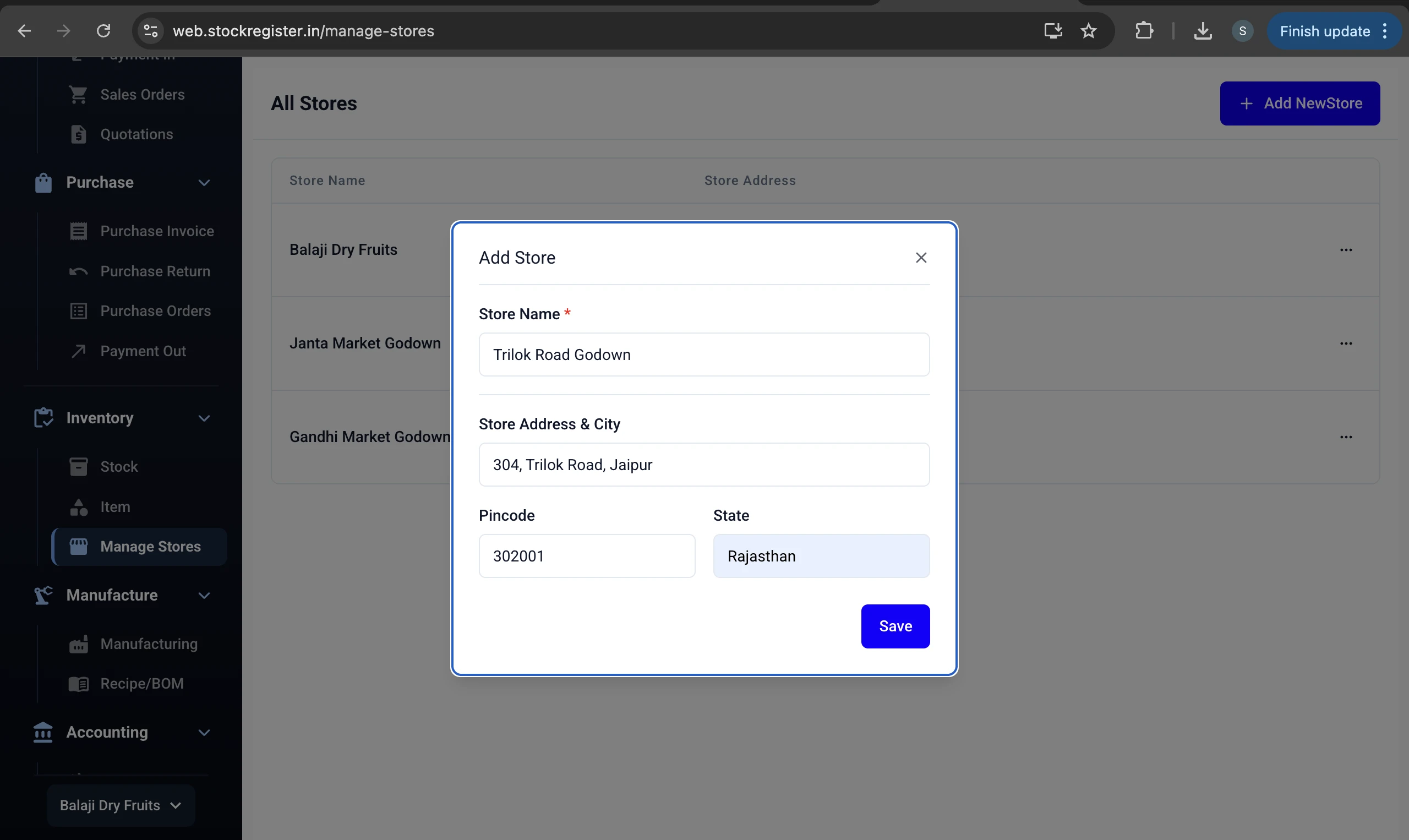 Stock Register — Add New Store — Name, Address & State