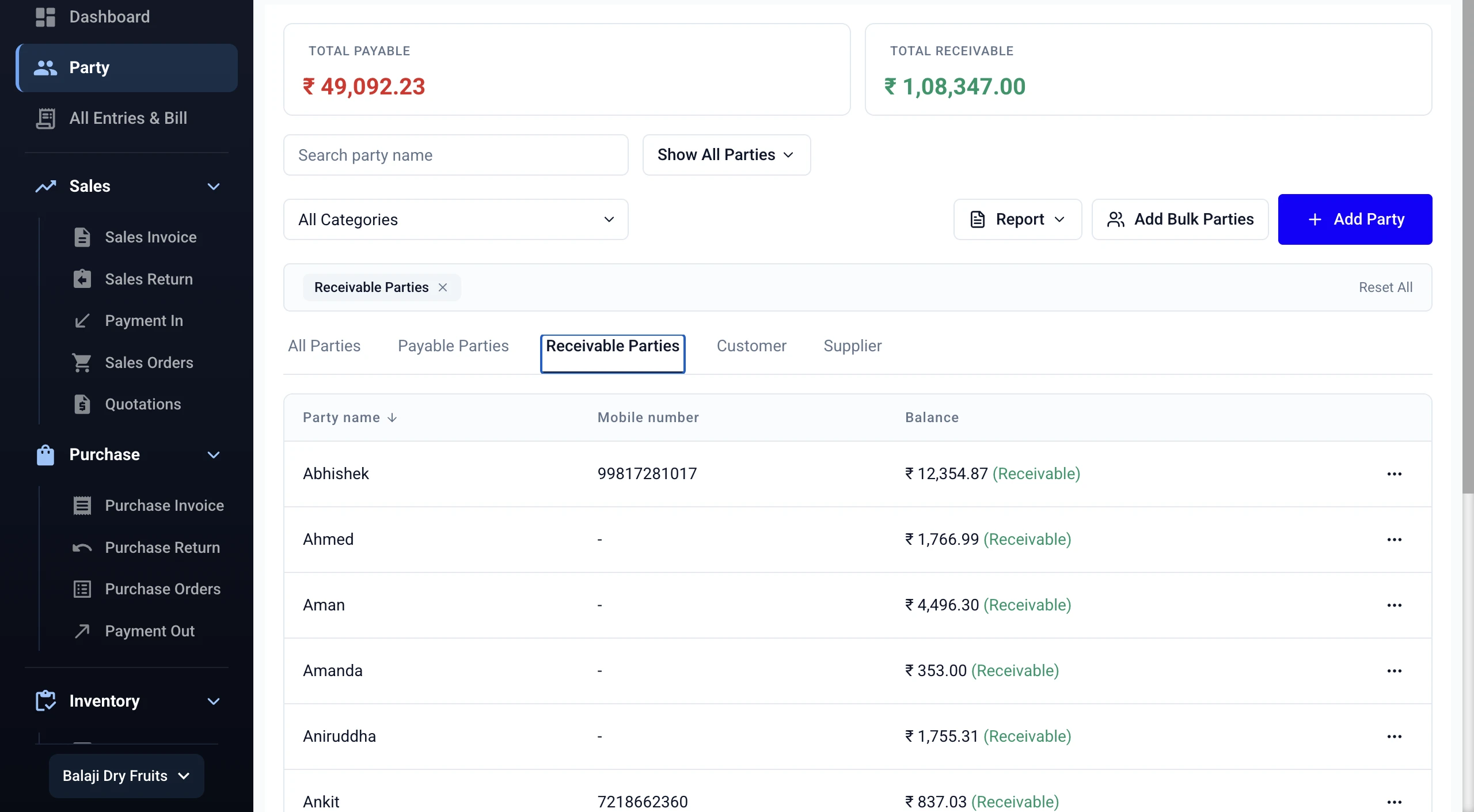 Stock Register — Due Payment Dashboard — Receivable & Payable
