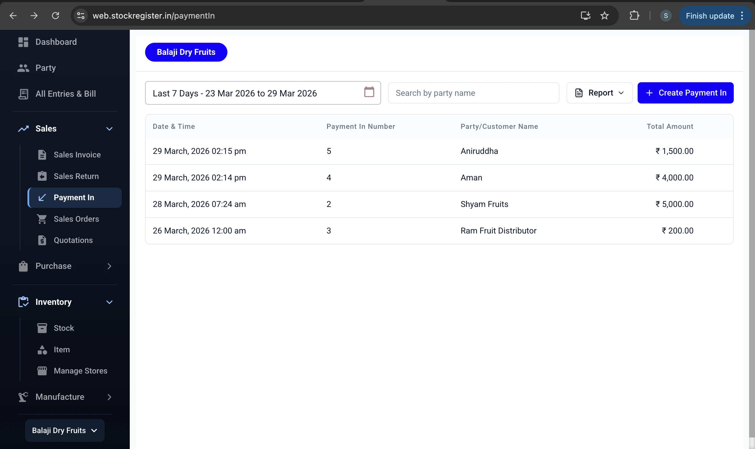Stock Register — Payment In — Record Customer Payments