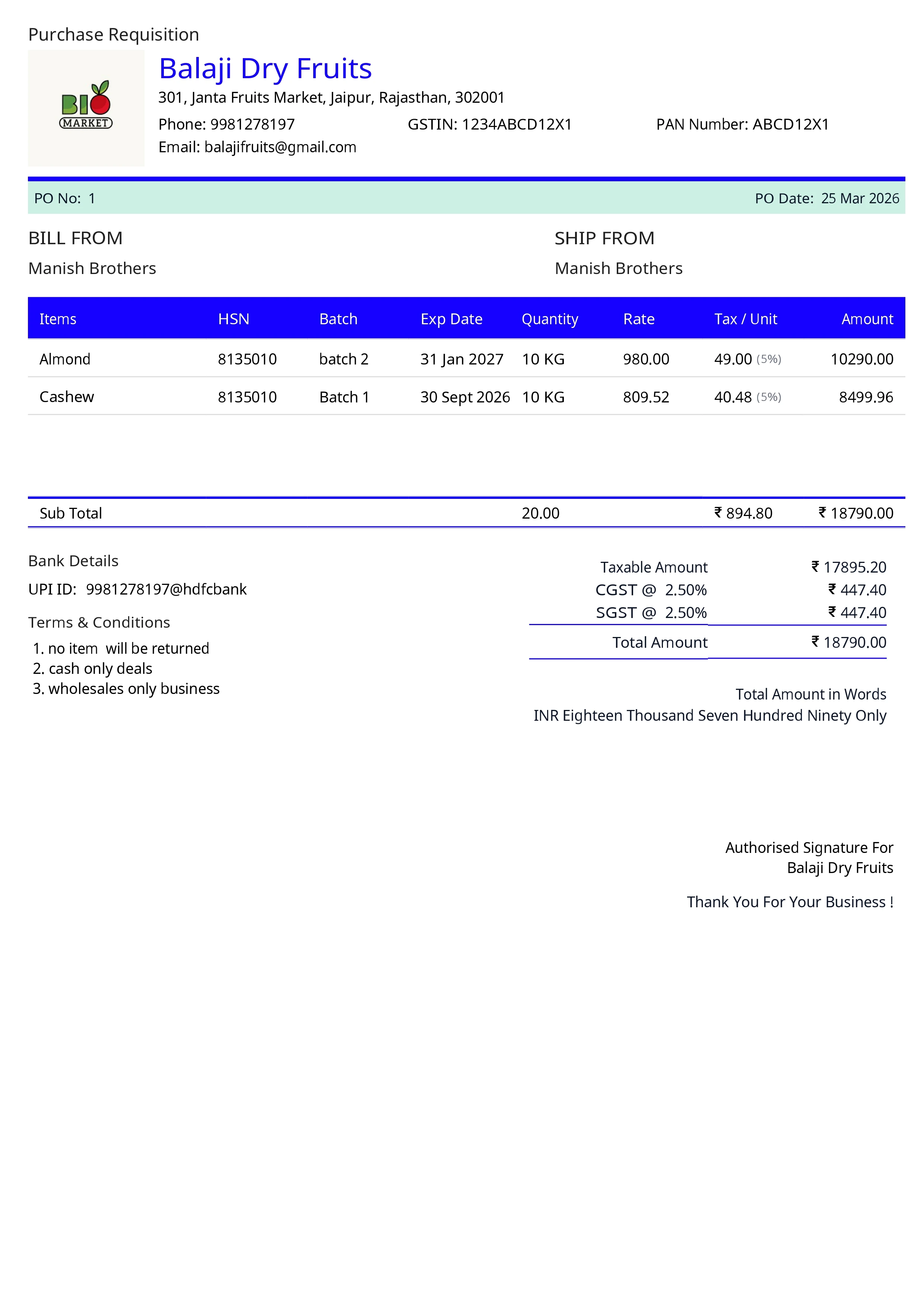 Stock Register — Professional Purchase Order PDF — Ready to Share