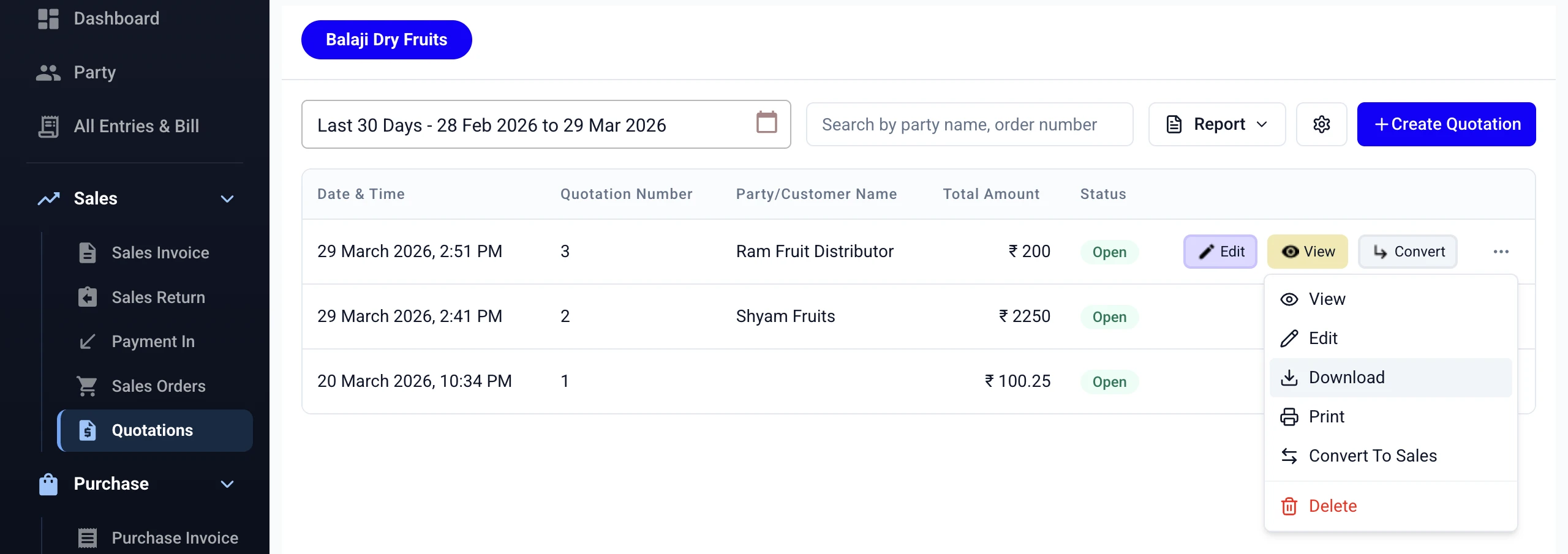 Stock Register — Convert to Sales, Download & Print