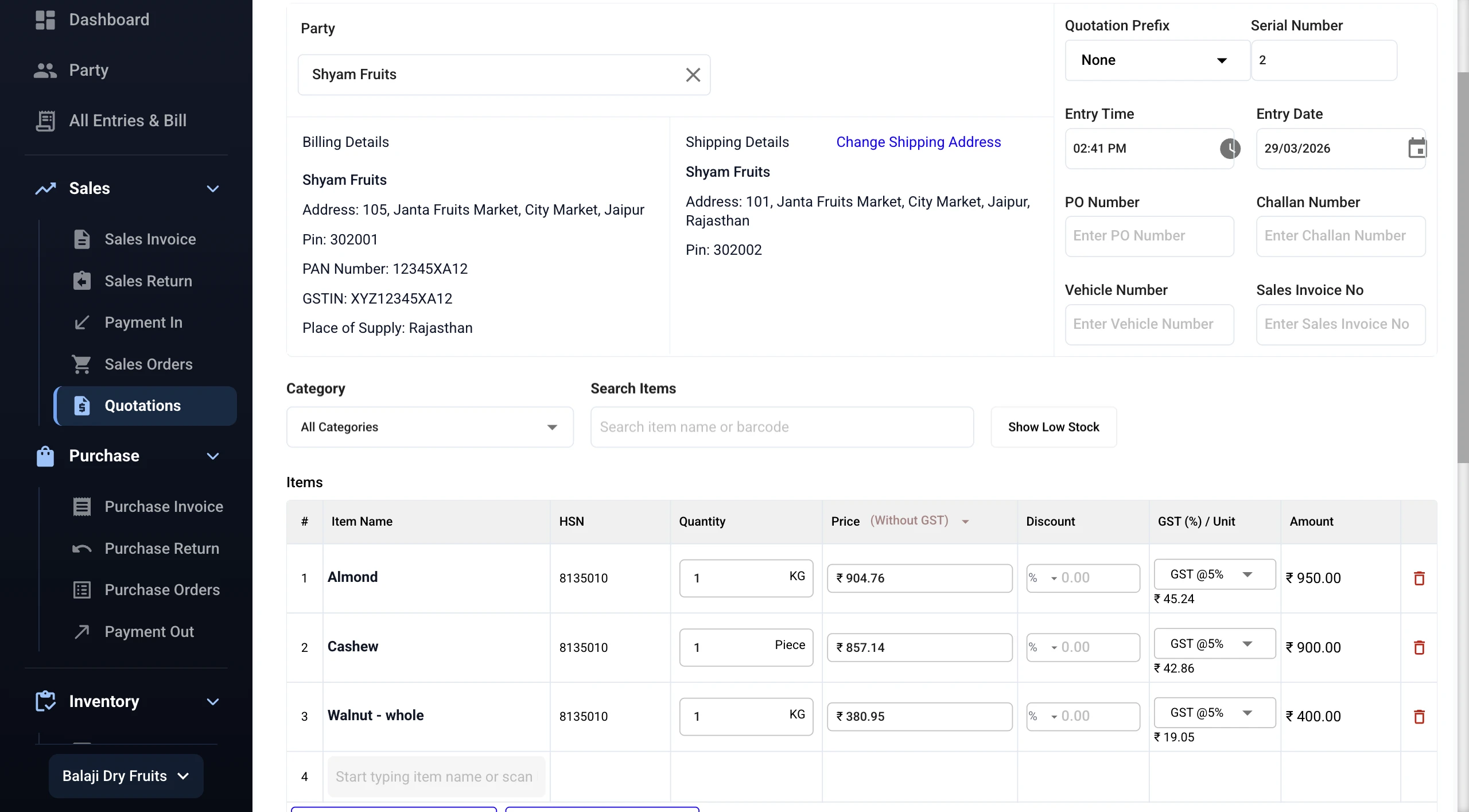Stock Register — Create Quotation with GST & Discounts