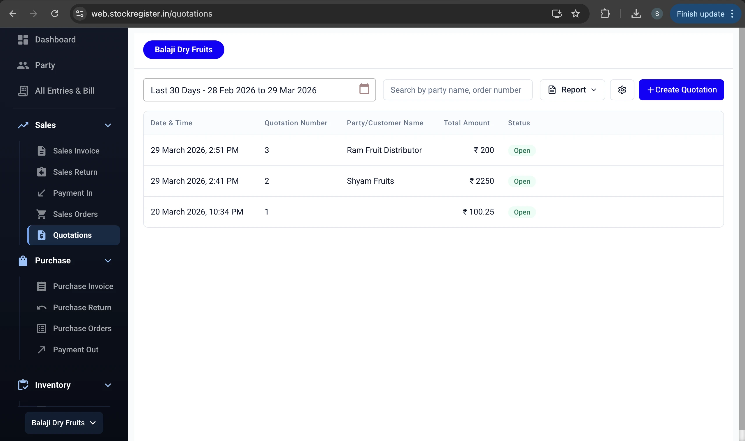 Quotation Management — Stock Register