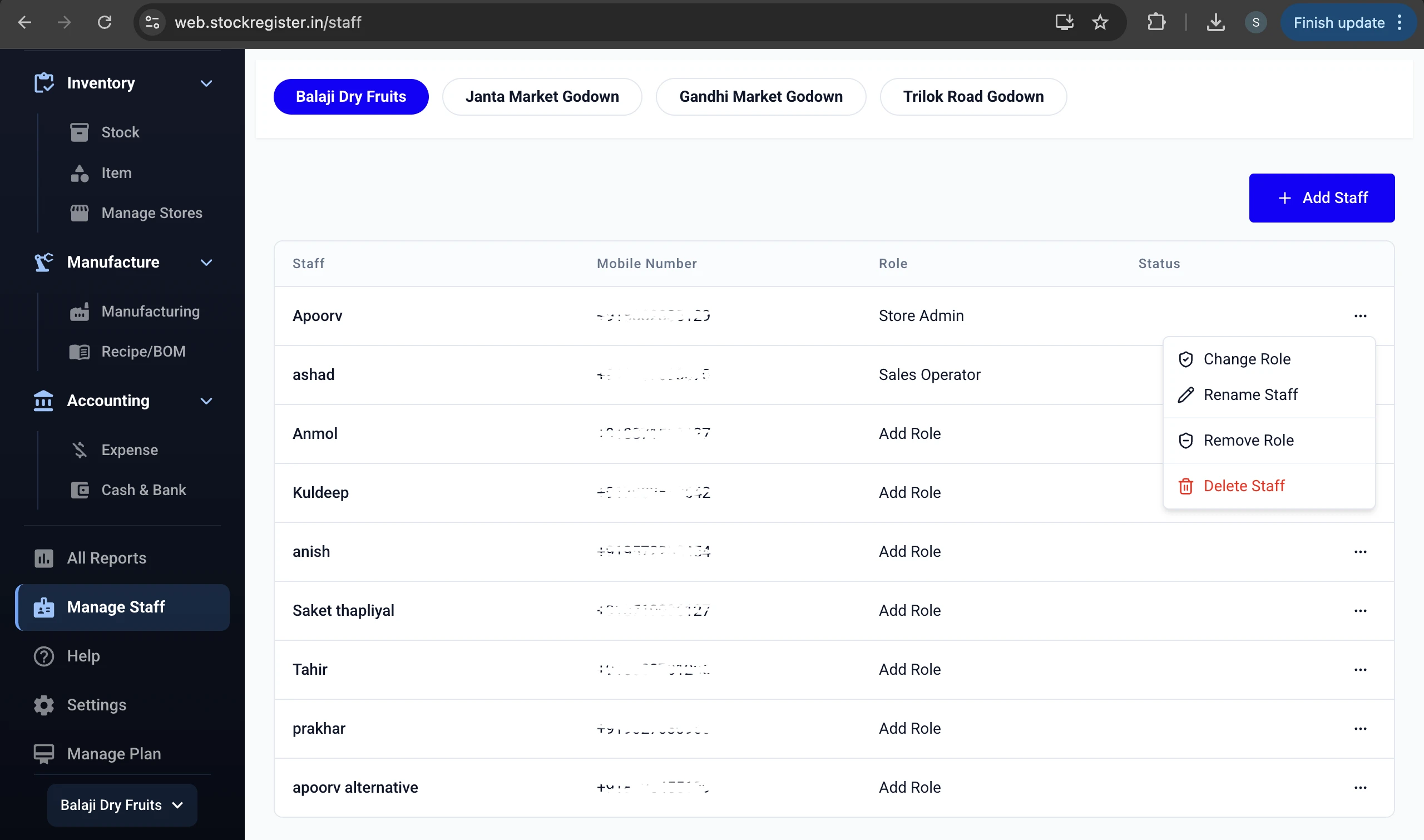 Stock Register — Staff Actions — Change Role, Remove & Delete