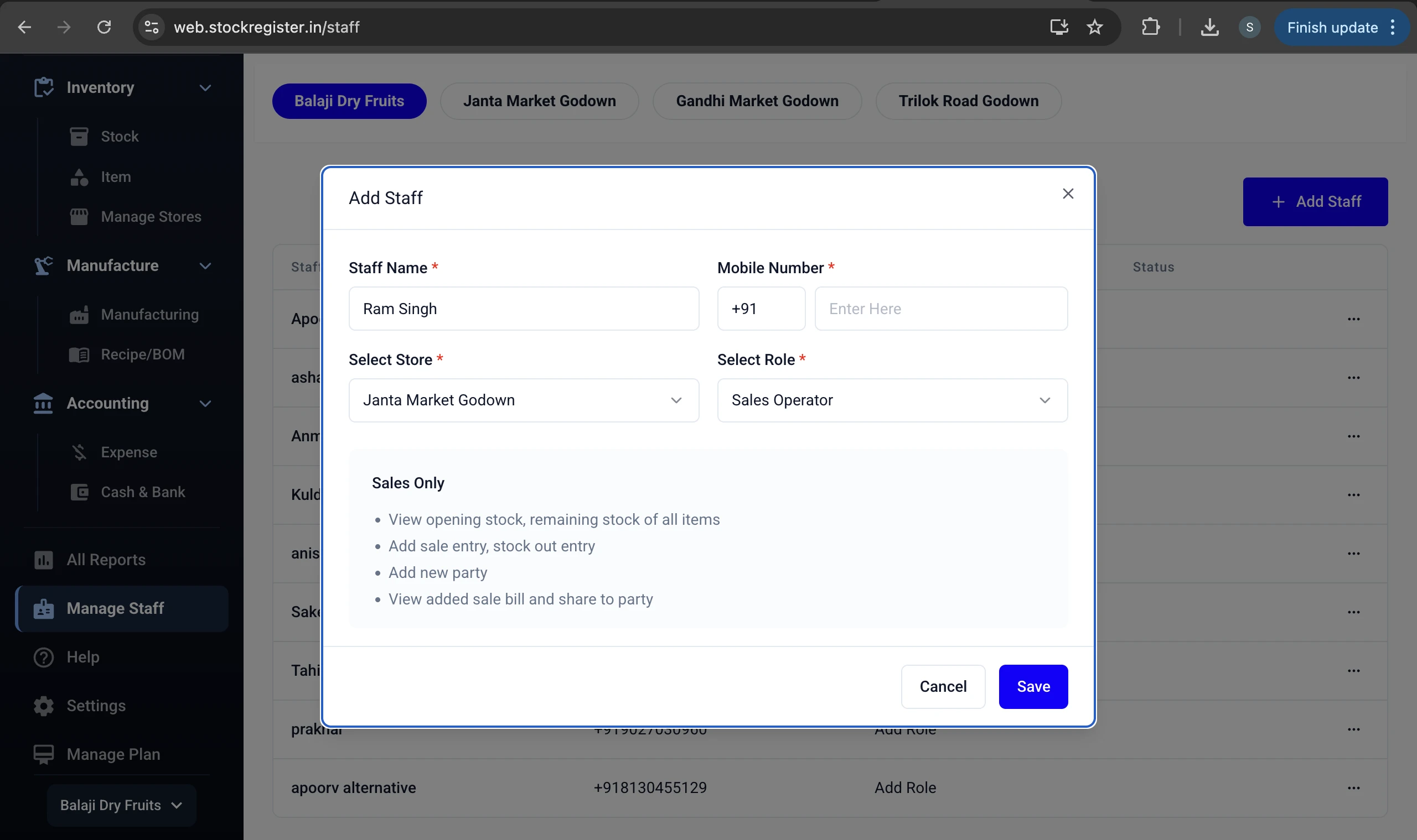 Staff Roles & Access — Stock Register