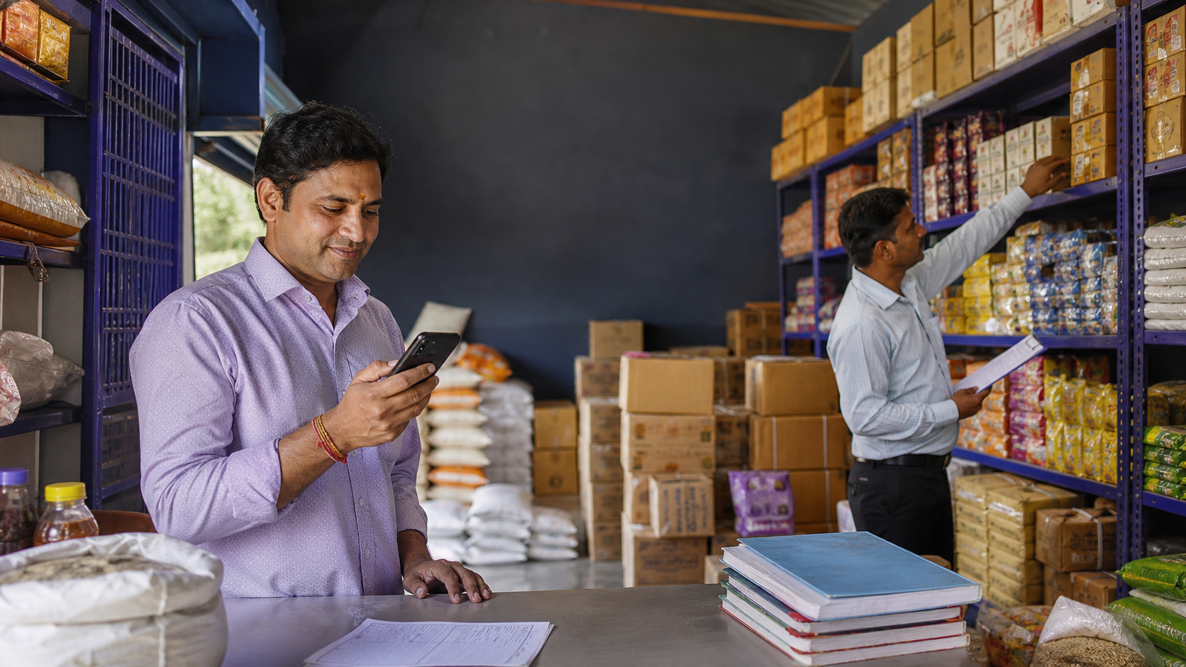 Wholesale owner and staff checking stock in a working godown