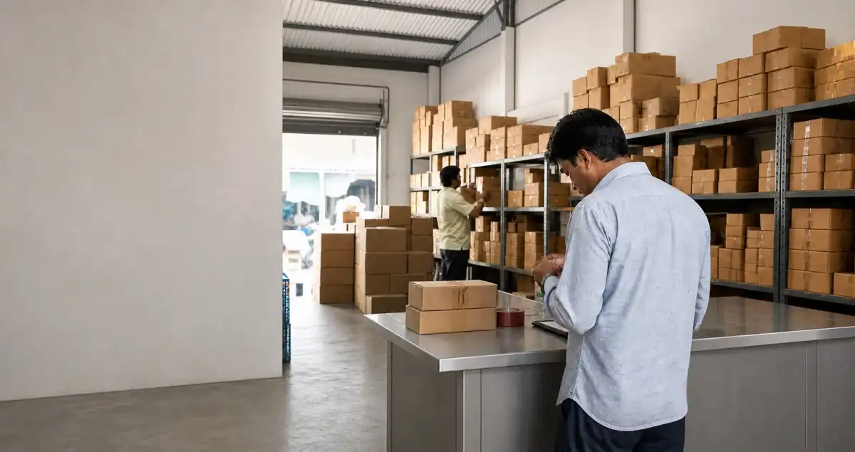 FMCG distributor checking cartons in a wholesale godown while a team member picks stock in the background.
